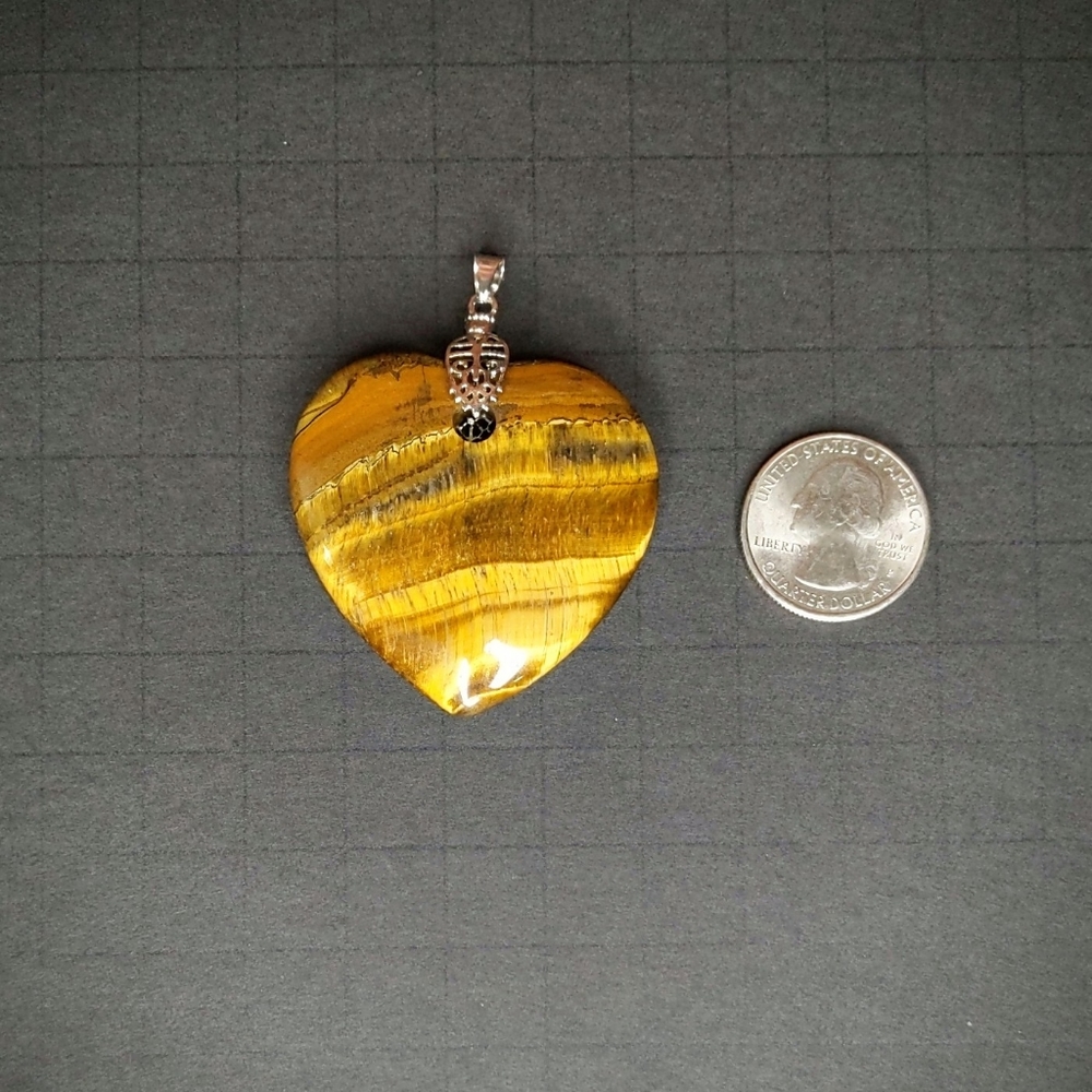 Large Genuine Tiger's Eye Sterling Silver Heart Necklace Pendant Real Stone Gold